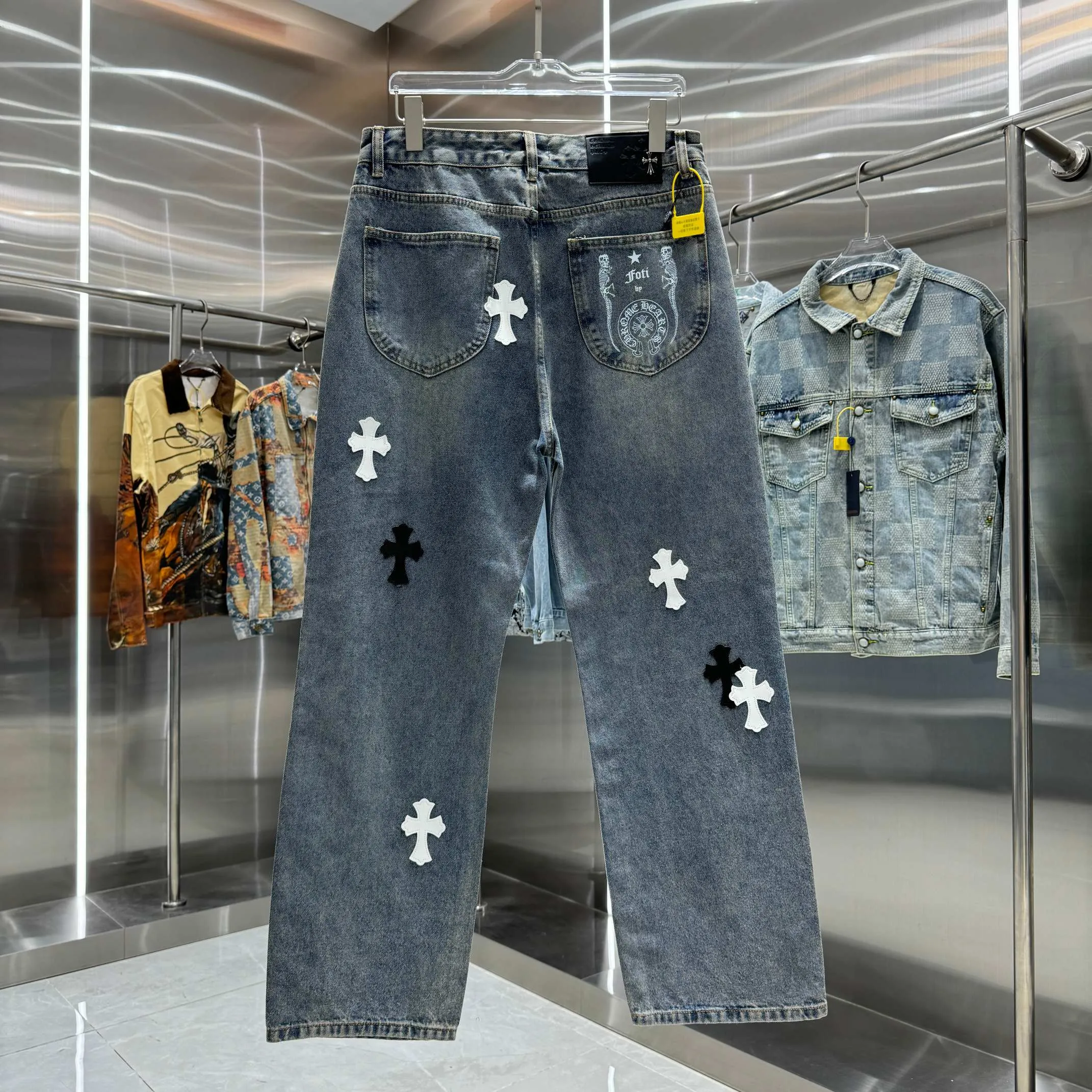 🅿️270 Crow Heart Cross logo + printed logo jeans 2025 latest product, original goods, washed casual jeans, imported original washed stretch fabric, comfortable and elastic, original hardware accessories decorated with logo, super correct version, extremely high grade, counter quality, fashionable and stylish upper body. The printing adopts imported foam printing, customized buttons, YKK zippers. The complete set of accessories is customized by molding. Color: blue Size: S-XXL 28 30 32 34 36 code